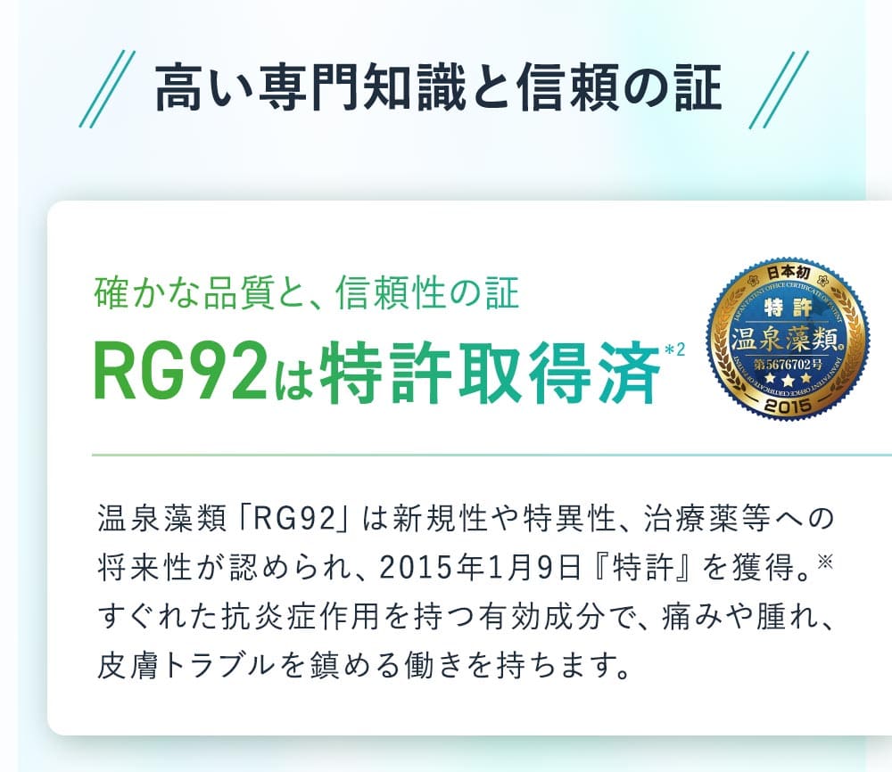 高い専門知識と信頼の証。確かな品質と、信頼性の証RG92は特許取得済。温泉藻類「RG92」は新規性や特異性、治療薬などへの将来性が認められ、2915年1月9日『特許』を獲得。優れた抗炎症作用を持つ有効成分で、痛みや腫れ、皮膚トラブルを鎮める働きをもちます。